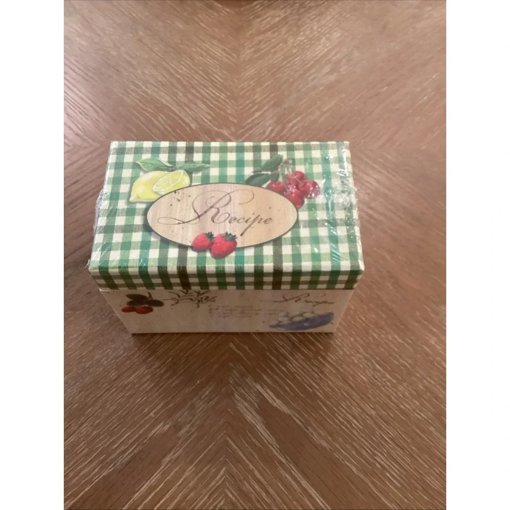Recipe Box Green Martin Design Fruit Veg Gingham Check Lemon Cherry NEW Vintage